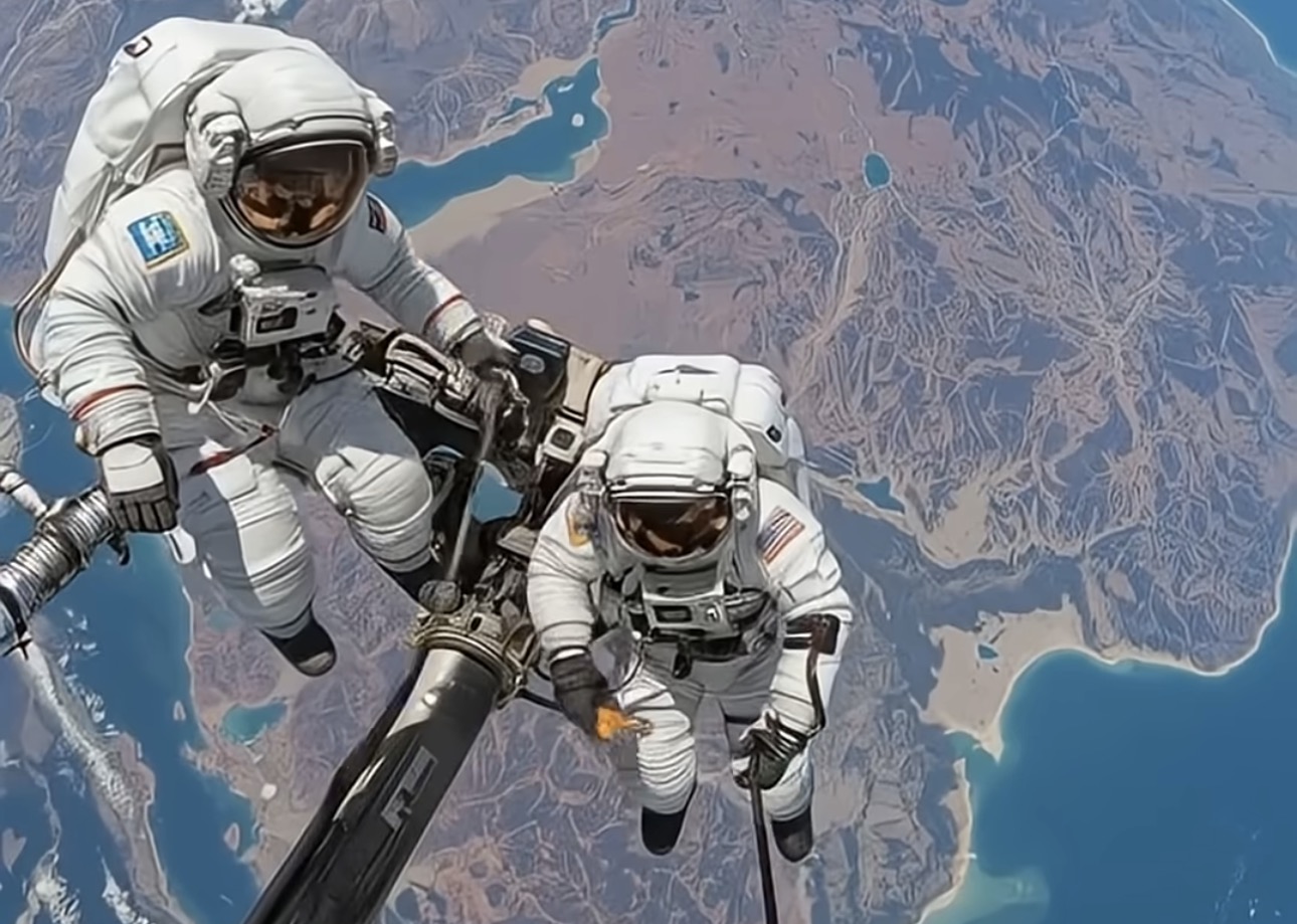 Spacewalk EVA - Astronauts performing extravehicular activity in orbit above Earth